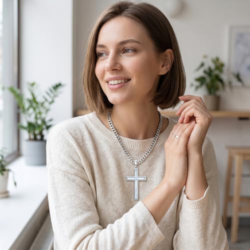 MRENITE Silver Natural Stone Cross Necklace, Classic Latin Cross Pendant Necklace for Unisex Women Man, Vintage Crystal Quartz Cross Necklace with 20+2 Inches Adjustable Cuban Chain - style: Moonstone