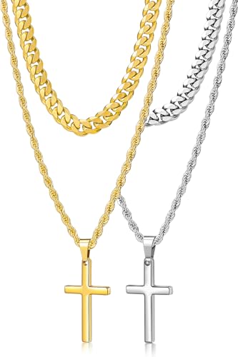Romass 4Pcs Cross Necklace for Men Teen Boys,Stainless Steel Chains for Men Layered Necklaces Silver Gold Black Pendant Jewelry Box Gifts 18-24 Inches - size: Chain-16in/Necklace-18in, style: 4Pcs 1.2"* 0.7"pendant-Silver+Gold