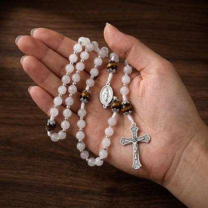 Nazareth Store 8mm White Jade & 10mm Natural Stone Beads Rosary Necklace St. Miraculous Medal & Cross Crucifix Catholic Prayer Beads Religious Jewelry - color: Tiger Eye