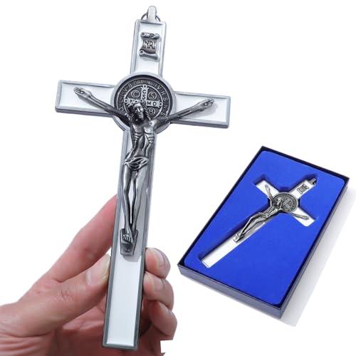 KOMI 7.5" Metal Crucifix Wall Cross with White Enamel Catholic Jesus Cross - color: White-Silver