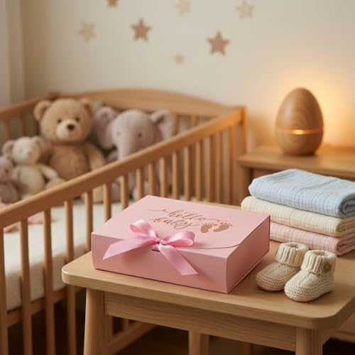 6PCS Baby Girl Gift Box with Ribbon Pink Keepsake Box with Gold Foil Hello Baby Footprints Favor Packaging Large Cardboard Gift Box for Baby Girl Shower Newborn Party First Birthday Welcome Christening Gifts