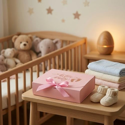 6PCS Baby Girl Gift Box with Ribbon Pink Keepsake Box with Gold Foil Hello Baby Footprints Favor Packaging Large Cardboard Gift Box for Baby Girl Shower Newborn Party First Birthday Welcome Christening Gifts