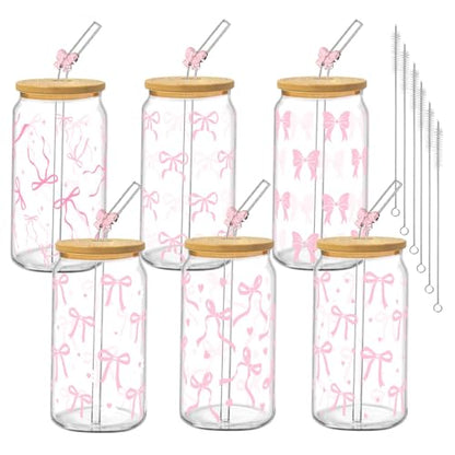 Glass Cups with Lids and Straws, 6Pack, 16oz, Pink Bow - style: Pink Bow