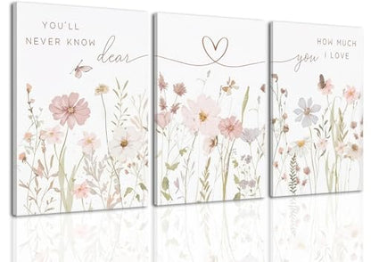 DAXINGJ Floral Wall Art Set of 3,Inspirational Neutral Botanical Heart Line - color: Pink Flower Love, size: 24"L x 16"W
