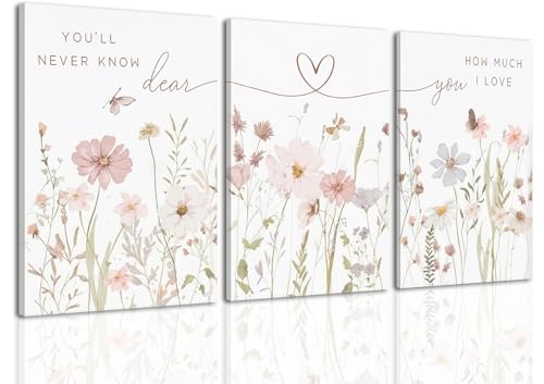 DAXINGJ Floral Wall Art Set of 3,Inspirational Neutral Botanical Heart Line - color: Pink Flower Love, size: 24"L x 16"W