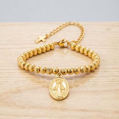 Rnivida 14K Gold Plated Stainless Steel Catholic Rosary Bracelet for Women,Religious Gift for Confirmation Baptism First Communion Easter - color: Gold