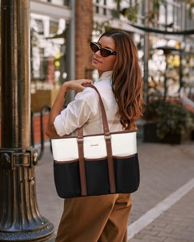 LOVEVOOK Work Tote Bag for Women, 17 lnch Laptop Bag for Women, Nurse Teacher Tote Bag, Utility Professional Computer Bag For Work/Travel/College/Daily, Large Purse Handbag With Multi Pockets - color: Black-beige-brown, size: 17.3 Inch