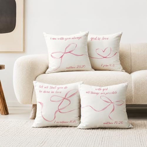Pink Ribbon Bow Bible Verse Throw Pillow Covers,Coquette Room Decor,Inspirational Pillow Covers for Bedroom Living Room Decor,Christian Gifts for Women Teen Girls,18x18 Inch Pillowcase Set of 4 - color: I Am With You Always