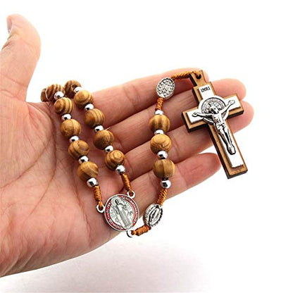 Handmade Wooden Wood Beads Catholic Rosary Crucifix Cross Pendant Necklace Bethlehem Christian Prayer Holy Jerusalem Holyland Y Necklace for Women Men Unisex Jewelry Gift - color: D round