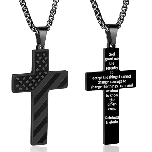 American Flag Cross Necklace for Men, Christian Confirmation Baptism Gifts - color: Black, style: Serenity Prayer