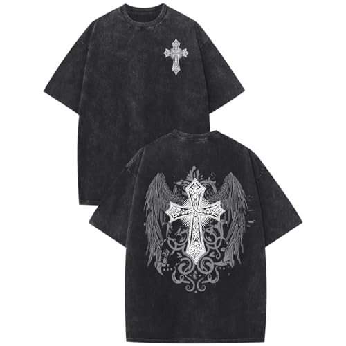Vintage Goth Punk Shirts for Men Grunge Streetwear Oversized Tshirts Gothic Cross Graphic Tees Y2k Acid Wash T Shirt - color: Black, size: 3X-Large