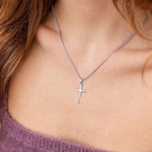 Small Dainty Cross Pendant Necklace 925 Sterling Silver for Women with 18", 20" Sturdy Chain 14K White Gold Plated - size: 18" Chain, style: Columnar