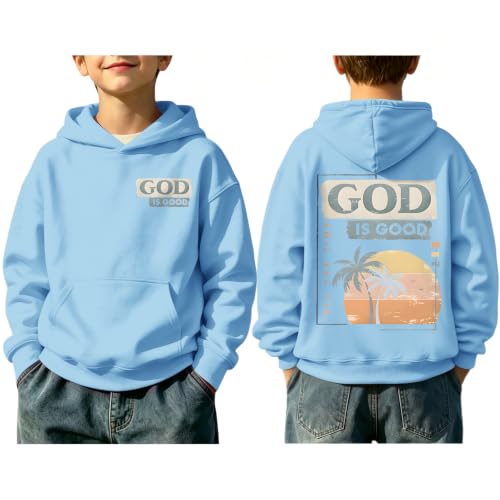 Fkatuzi Christian Graphic Hoodies For Boys Jesus God Is Good Hoodie Kids Faith Verse Bible God Religious Beach Pullover Tops - color: Light Blue, size: 5-6 Years