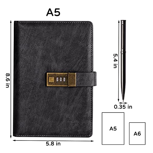 WEMATE Diary with Lock, A5 PU Leather Journal with Lock 240 Pages Black - color: Black