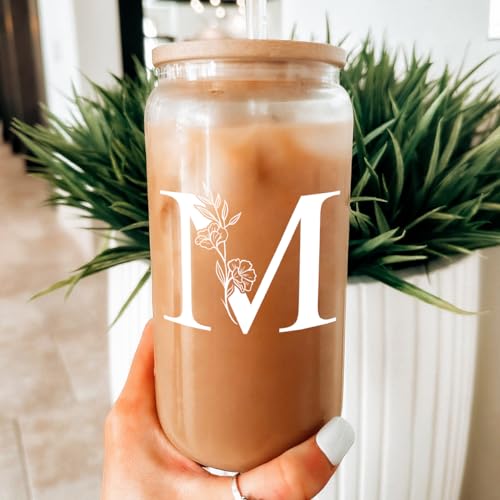 SANDJEST Monogrammed Gifts for Women - Monogram M Initial Glass Cup 16 Oz Can Coffee Cups with Lid and Straw - Monogram Initials Gifts for Womens on Birthday - color: Initial M