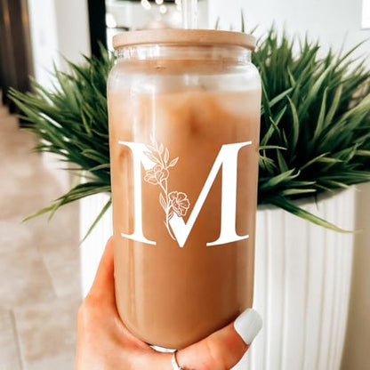 SANDJEST Monogrammed Gifts for Women - Monogram M Initial Glass Cup 16 Oz Can Coffee Cups with Lid and Straw - Monogram Initials Gifts for Womens on Birthday - color: Initial M