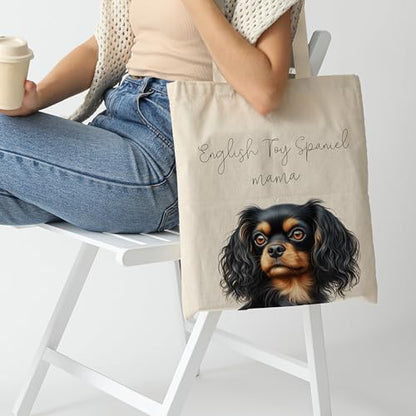 Dog Mom Canvas Tote Bag for Women, Reusable Cotton Shoulder Bag, Dog Lover Gift, Mother’s Day Pet Mom Shopping Tote - color: English Toy Spaniel