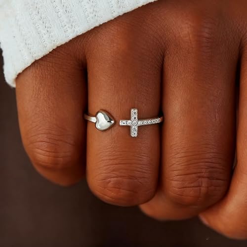 Sora Tuki Gold Cross Rings for Women Silver Adjustable Rings for Women Cubic Zirconia Heart Cross Purity Ring Dainty Stackable Ring for Women Christian Religious Jewelry - color: Silver, style: Cross Heart