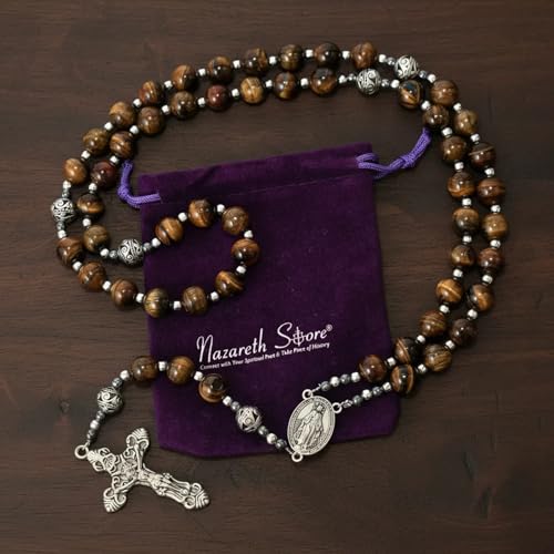 Nazareth Store Genuine Rosary Stone Beads Necklace Metal Beaded Glory Beads Miraculous Medal & Silver Cross Crucifix For Men and Womens - color: Tiger Eye