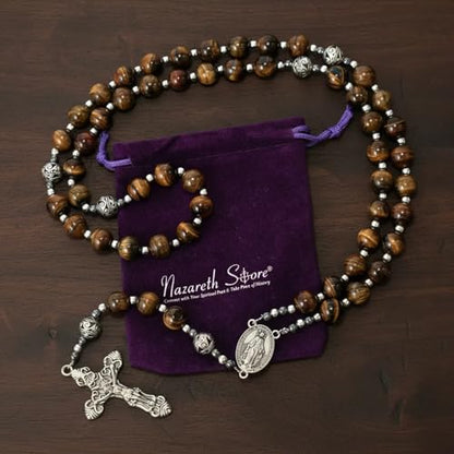 Nazareth Store Genuine Rosary Stone Beads Necklace Metal Beaded Glory Beads Miraculous Medal & Silver Cross Crucifix For Men and Womens - color: Tiger Eye