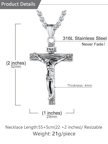 U7 Crucifix Cross Necklace for Men,with 18"-26" Chain - color: 02.Silver