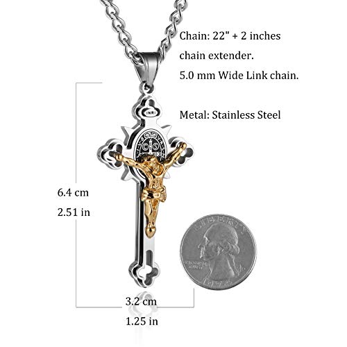 HZMAN Stainless Steel St. Benedict Crucifix Cross Necklace for Men - color: Large Silver & Gold