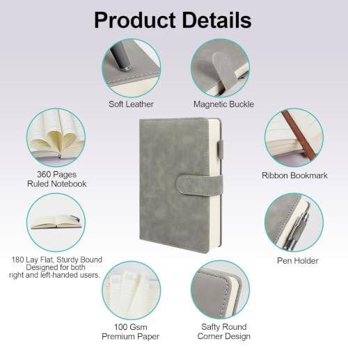 A5 Leather Journal for Women Men, Hardcover Notebook Set with Pen, Gray - color: Gray