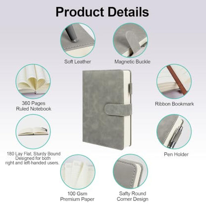 A5 Leather Journal for Women Men, Hardcover Notebook Set with Pen, Gray - color: Gray
