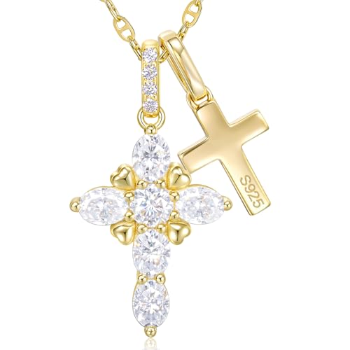 Moissanite Double Cross Necklace, Women Moissanite Diamond Cross Pendant - color: 14K Gold Vermeil(Iced+Polished)