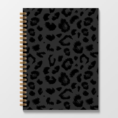 Black Leopard Print Spiral Notebook Journal 5.5x8.3, Cheetah Print Notebooks for Work, Leopard Print Gifts for Women - color: Black Leopard