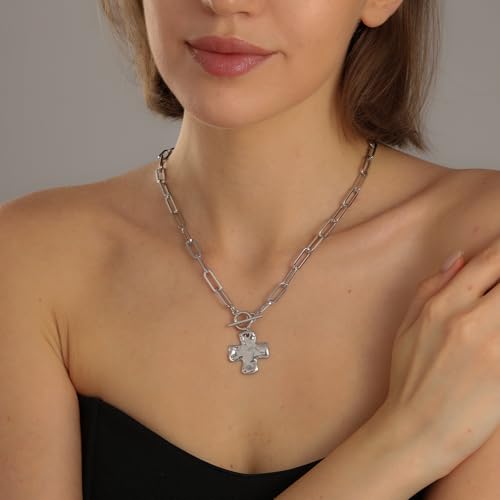 Chunky Cross Necklace for Women, 14K Gold Silver Pendant Necklace - color: White Gold-Toggle-1 inch pendant