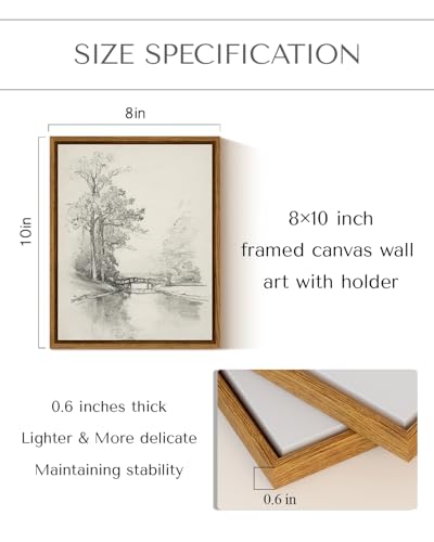 InSimSea Framed Canvas Wall Art, River Bridge Sketch Print, 10x8 Inch - color: Sketch of Trees by a Stream