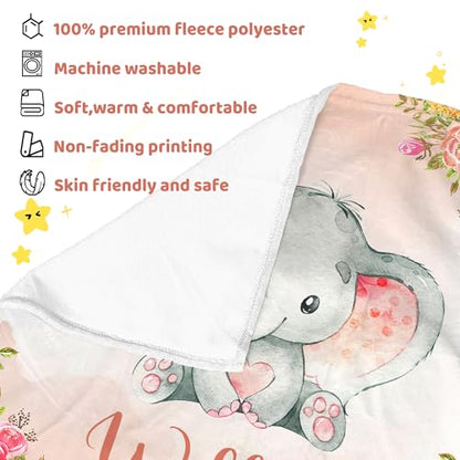 Personalized Baby Elephant Blanket for Girls with Name - color: Orange Elephant