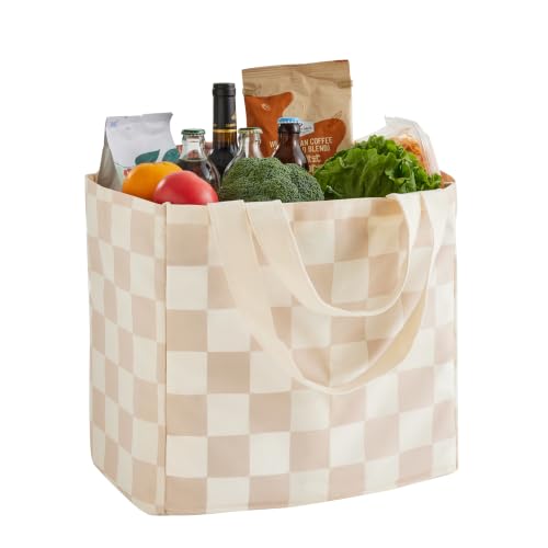Checkered Reusable Grocery Bags, Cute Checkerboard Large Canvas Tote Bag, Reusable Shopping Bags Farmers Market Bag - color: Beige