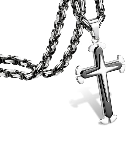 sailimue Stainless Steel Byzantine Cross Necklace for Men 22-30 inch - color: Black, size: 22 in=56 cm (Men's Average Length)