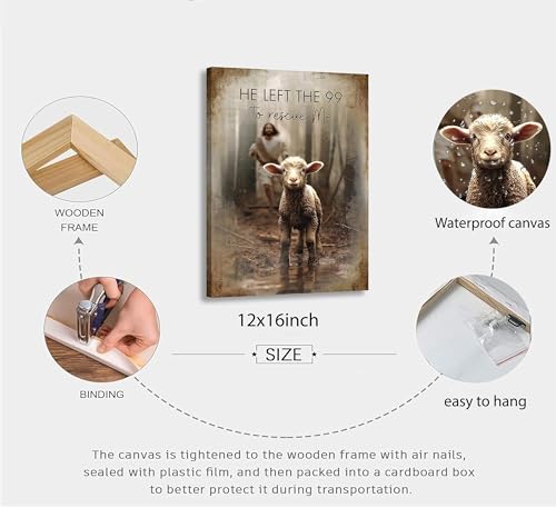 Framed Jesus Saves the Lost Lambs Canvas Wall Art,12x16in - color: Jesus Lamb, size: 16"L x 12"W