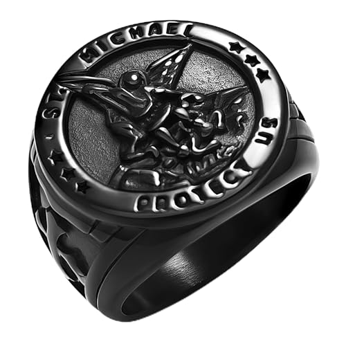 Saints Michael Ring for Men, 18K Gold Plated/Black Metal, St. Michael San Miguel The Great Protector Archangel Defeating Satan Figurine Stainless Steel Amulet Rings, Size 7-14, Send Gift Box - color: B-Black