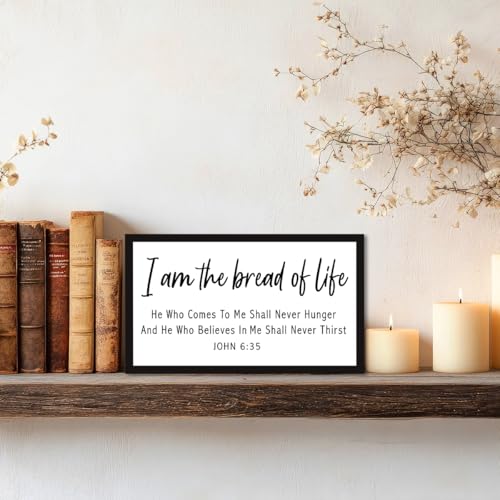 John 6:35 Christian Wood Box Sign Desk Deocr,I am the Bread of Life Bible Verse Wooden Block Sign for Kitchen Shelf Decor - style: John 6:35