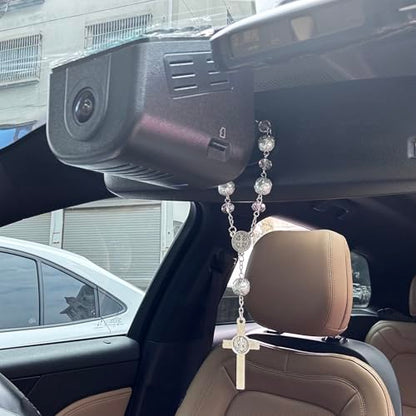 One Decade Car Rosary with St. Benedict Medal Catholic Auto Rear View Mirror Charm Pink Glass Beads Spiritual Protection Pendant Religious Car Accessories for Men and Women - color: Pink