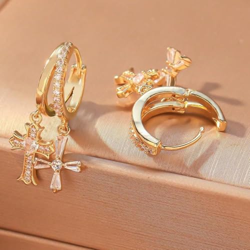 Double Huggie Hoop Earrings with Charms Cross Dangle Earrings Gold/Silver Double Cross Drop Hoop Earrings for Women Men Trendy - style: Style A-Gold