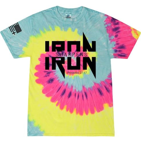 Iron Sharpens Iron Proverbs 27:17 Heavy Metal Logo Bible Scripture Mens Christian Tshirt Jesus Cross Short Sleeve Graphic Tee - color: Blast Tie Dye, size: X-Large