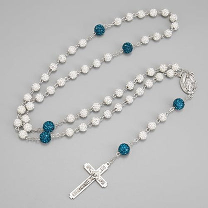 Nazareth Store Rhinestones Crystal Beads Rosary, Catholic Rosary Necklace with Silver Miraculous Medal INRI Crucifix, Multicolor Rosaries in a Gift Case - color: White with Blue Beads