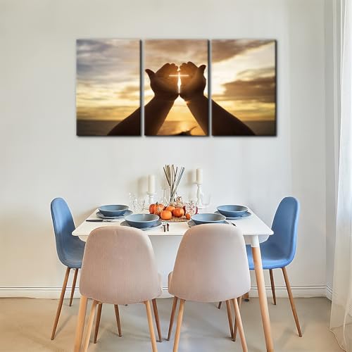 Pacimo Canvas Wall Art, Set of 3 Framed Art Prints, Jesus Hands Prayer Painting, Christian Crosses Print on Canvas Set, Sunset Modern Wall Decor for Bedroom Living Room Office Decor - 16"x24"x3 - color: Wallart-05, size: 16"x24"x3 Panels