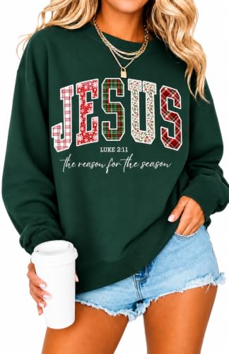 Women's Christian Christmas Sweatshirt Jesus Graphic Crewneck Holiday Top - color: Green, size: XX-Large