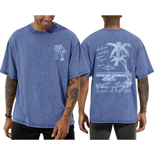 Christian Jesus Shirts for Men Hawaiian Beach T Shirts Vintage Bible Verse Faith Acid Wash Palm Trees Graphic Tees - color: Blue, size: X-Large