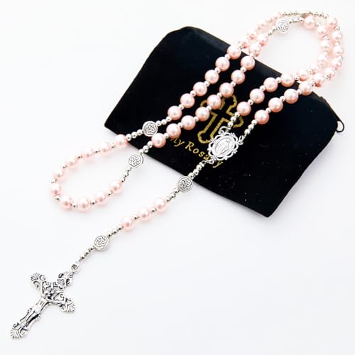 8mm Purple Pearl Beads Catholic Rosary Glass Beaded Acrylic String Necklace White Ceramics Bead Rosary Miraculous Medal Crucifix Cross Gift for Women Girls - color: Light Pink