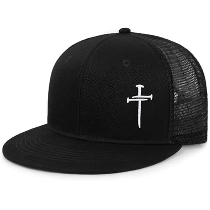 Christian Hats for Men Women - Cross Faith Flat Snapcback Hats - Religious Gifts for Thanksgiving Christmas - color: Black Mesh/White Cross