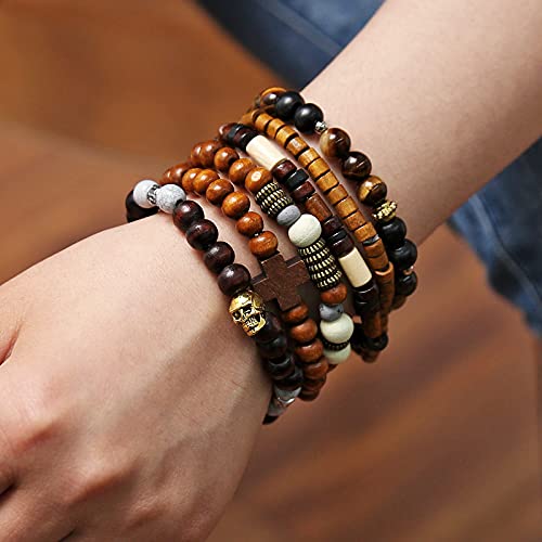 HZMAN Handmade Hemp Cords Wood Beads Leather Bracelets for Men Women - style: Skull & Wooden Cross