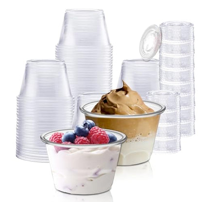 Disposable Portion Cups with Lids - 200 Set Disposable Clear Plastic, Ideal for Jello Shot, Condiment and Sauce Cups with Lids Restaurant quality Souffle Portion Container (4oz) - size: 4oz