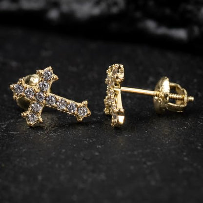 Small Mens Women's Prong Set Iced 5A Cz Hip Hop Yellow Gold 925 Sterling Silver Screw Back Post Hypoallergenic Crucifix Ice Out Cubic Zirconia Gothic Cross Stud Earrings